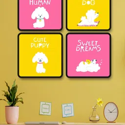 SAF Pink & Yellow 4-Pieces Cute Dog Theme Printed Framed Wall Art-picture-27