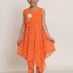 Creative Kid's Girls Orange & White Floral Dress-picture-4