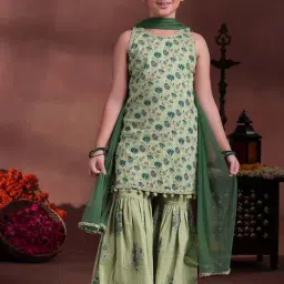 Libas Kids Girls Green Cotton Floral Kurta Sets-image-16