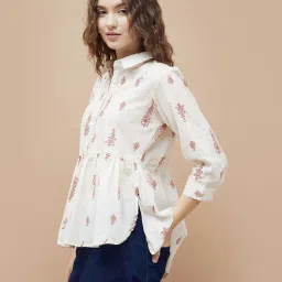 Colour Me By Melange Off White Cotton Regular Fit Printed Top image 3