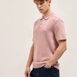 The Bear House Pink Cotton Slim fit Textured Polo Shirt image 3