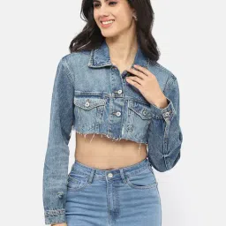 MADAME Blue Cotton Regular Fit Cropped Denim Jacket-image-29