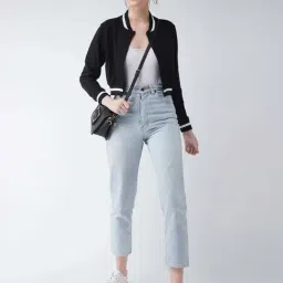 Miss Chase Black V Neck Full Sleeves Loop Knit, Rib Bomber Cropped Jacket image 5