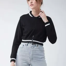 Miss Chase Black V Neck Full Sleeves Loop Knit, Rib Bomber Cropped Jacket image 4