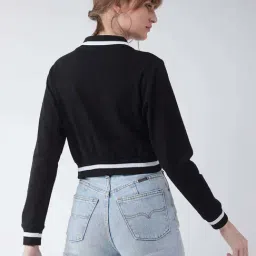 Miss Chase Black V Neck Full Sleeves Loop Knit, Rib Bomber Cropped Jacket image 2