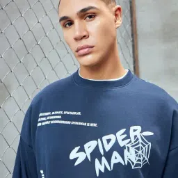 Bewakoof Heavy Duty 1.0 Official Marvel Men's Blue Spiderman Graphic Printed Oversized Sweatshirt image 3