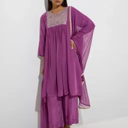 Vark by Westside Purple Floral Embroidered A-Line Ethnic Set-image-16