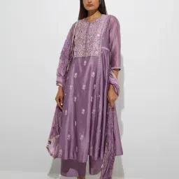 Vark by Westside Lavender Embroidered Cotton-Blend A-Line Ethnic Set-picture-11