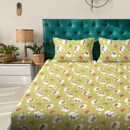 KLOTTHE Green & White Printed Pure Cotton 400 TC Double Bedsheet Set 2.5 m x 2.25 m image 2