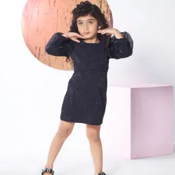 Peppermint Girls Navy Blue Cotton Regular Fit Textured Dress image 3