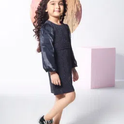 Peppermint Girls Navy Blue Cotton Regular Fit Textured Dress image 5