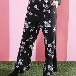 Sera Black & Pink Floral Print Flared Fit Mid Rise Trousers-picture-47