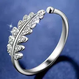 MEENAZ Silver-Plated American Diamond-Studded Leaf Shaped Stainless Steel Finger Ring image 4