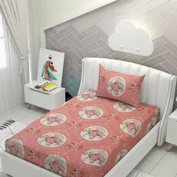 HIDECOR Pink & Off White Floral 210 TC Single Bedsheet with 1 Pillow Covers-picture-23
