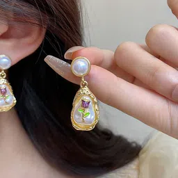 DIVASTRI Gold Plated Artificial Stones Studded Floral Korean Drop Earrings image 2