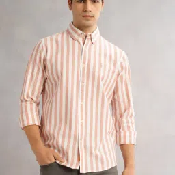 Thomas Scott Peach Linen Slim Fit Striped Shirt-picture-22