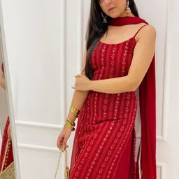 Virah Fashion Floral Embroidered Sequinned Straight Kurta With Palazzos & Dupatta image 3