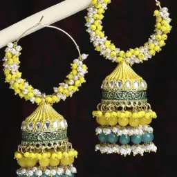 Oomph Yellow & Green Meenakari & Kundan & Pearls Ethnic Jhumki Earrings-image-17