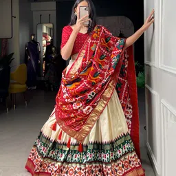 mitra biz Women's Tussar Silk Lehenga Choli Patola Print with Foil Work With Blouse Solid image 5