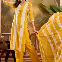 Sangria Women Striped Pure Cotton Straight Kurta & Trousers With Printed Dupatta image 4