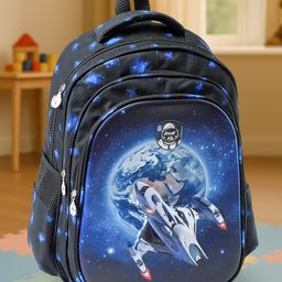 Spaceship Print Backpack Navy Blue - Height 16.5 Inches-image-3