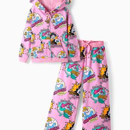 Olington St.Disney Single Jersey Knit Full Sleeves Hooded Sweatshirt & Wide Leg Pant Set With Disney Princess Print - Pink-image-0