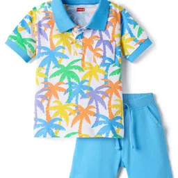 Babyhug 100% Cotton Knit Half Sleeves Tropical Theme Printed Polo T-Shirt & Short Set - Blue-picture-27