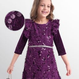 Hola Bonita Knit Long Sleeves Velvet Long Inner Tee with Sequinned Party Dress With Belt- Purple-picture-35