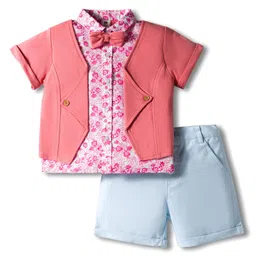 ToffyHouse Poplin Woven Half Sleeves Party Shirt with Attached Waistcoat & Shorts with Floral Print & Bow - Pink & Light Blue-picture-24