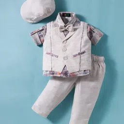 Robo Fry Cotton Woven Full Sleeves Printed Three Piece Party Suit with Cap & Bow - Grey-picture-27