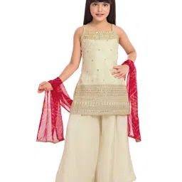 Tiny Kingdom Woven Sleeveless Floral Embroidered Mirror Work Detailed Kurti & Palazzo With Dupatta Set - Cream-image-54