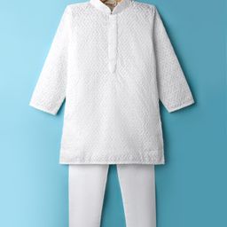 Dapper Dudes Full Sleeves Floral Embroidered Kurta Pyjama Set - White-picture-3