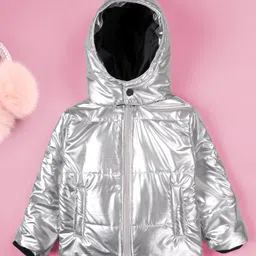 Kiddopanti Woven Full Sleeves Solid Puffer Light Winter Hooded Jacket - Silver-picture-16