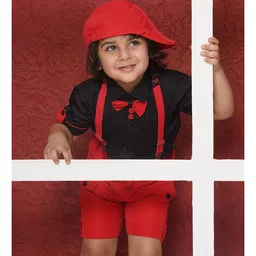 AJ Dezines Cotton Blend Half Sleeves Solid Shirt With Pant Suspenders And Bow Tie - Red image 4