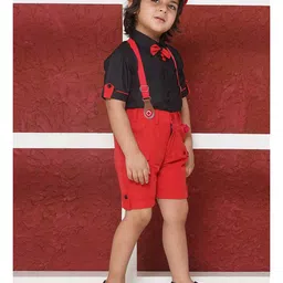 AJ Dezines Cotton Blend Half Sleeves Solid Shirt With Pant Suspenders And Bow Tie - Red image 5