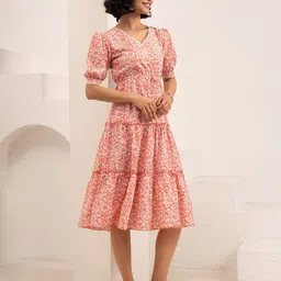 AASK Women Gajari Printed Crush Crepe Tiered Midi Length Fit - Flare Dress image 5