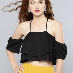 Veni Vidi Vici Women Black Solid Crop A-Line Top image 1