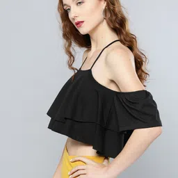 Veni Vidi Vici Women Black Solid Crop A-Line Top image 3