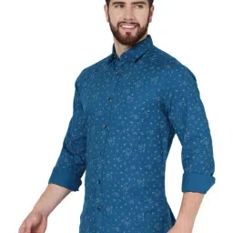 JadeBlue Turquoise Blue Cotton Slim Fit Printed Shirt image 3