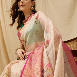 Silk Land Beige Floral Print Saree With Blouse image 3