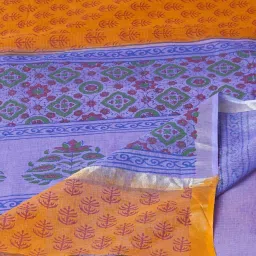 Unnati Silks Orange & Blue Printed Saree With Unstitched Blouse image 3