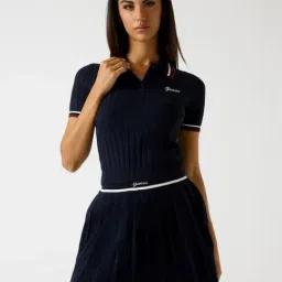 Guess Blu Dream Ribbed Polo Collar Short Sleeves Knitted Crop T-Shirt-picture-30