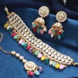Aatmana Gold-Plated Kundan Studded & Beaded Choker Necklace Set with Maang Tikka-picture-5