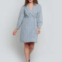 Zink London Grey Striped Midi A Line Dress-image-4