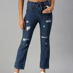 SHOWOFF Highly Distressed Blue Straight Fit Denim Jeans-image-48