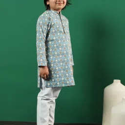 READIPRINT FASHIONS Kids Blue & White Embroidered Full Sleeves Kurta with Pyjamas image 3