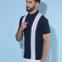 Crimsoune Club Navy Blue Cotton Slim Fit Striped Polo T-Shirt image 3
