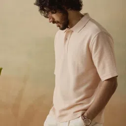 Andamen Pink Relaxed Fit Texture Polo T-Shirt image 3