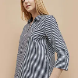 Fame Forever By Lifestyle White & Blue Cotton Regular Fit Striped Top image 3