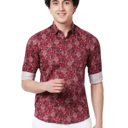 ColorPlus Red Cotton Contemporary Fit Printed Shirt-image-44